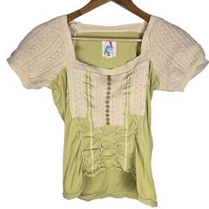 C. Keer Anthropologie Green Beige Cotton Wool Boho Short Sleeve Top Sz L Limited